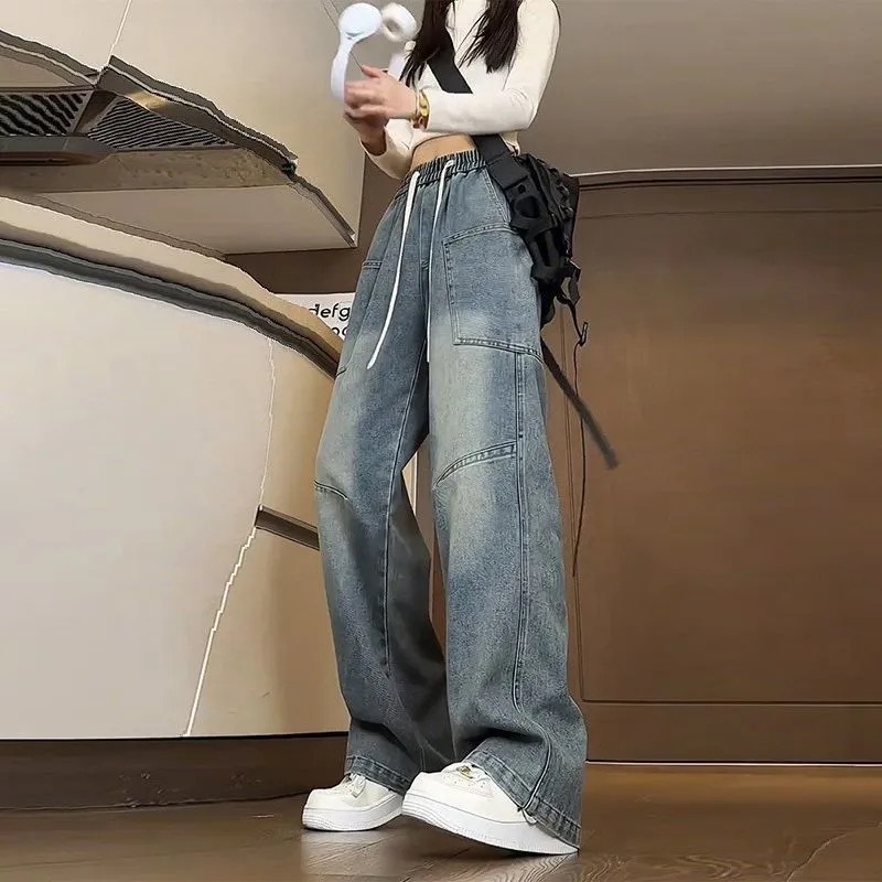 黑色设计感美式斜切明线牛仔裤秋季小众设计微喇裤子潮牌痞帅长裤|undefined