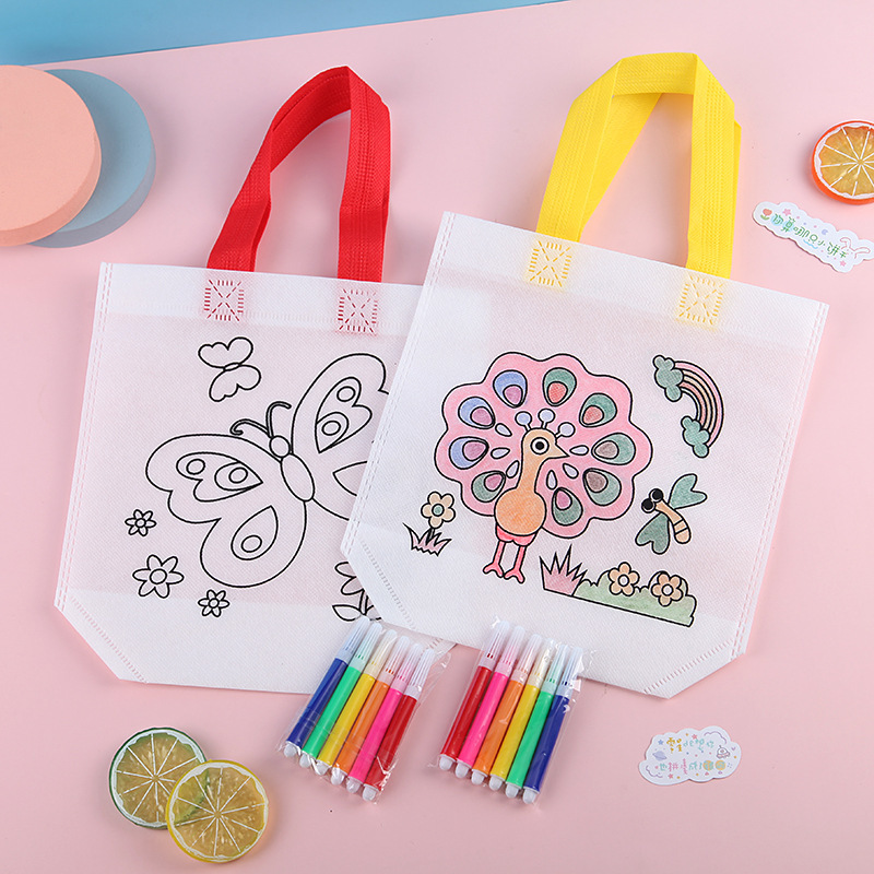 Bolsa de tela no tejida para colorear con grafitis para niños, paquete de materiales creativos para pintar a mano en el jardín de infantes, bolsa publicitaria