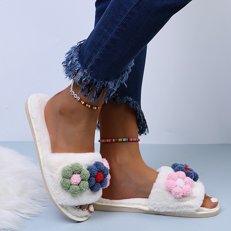 Flat-Bottomed Colorful Flowers Furry Slippers NSKJX104840