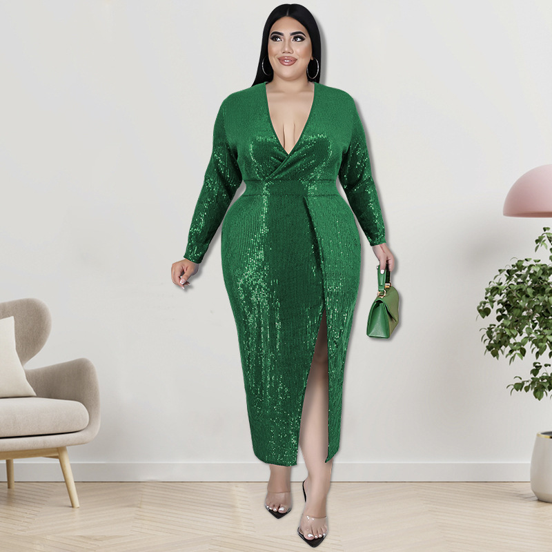 Plus size fluweel bodycon midi jurk met pailletten en v-hals voor dames_voghion.com