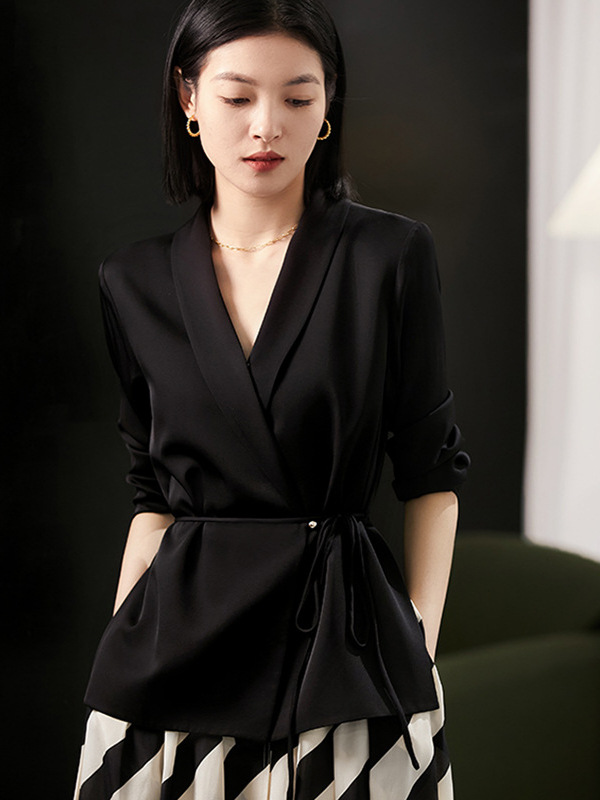 Áo sơ mi blazer satin Pháp dáng rộng tay dài đa năng — đen