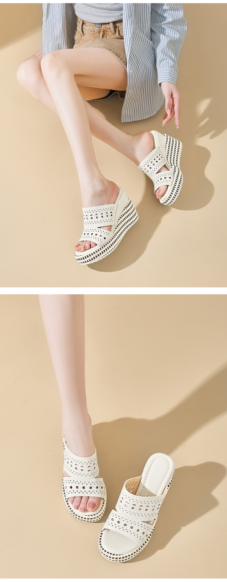 Sandal hở mũi nữ da bò cao cấp đế xuồng tăng chiều cao — màu đen, Trắng kem-, màu mơ chi tiết 8