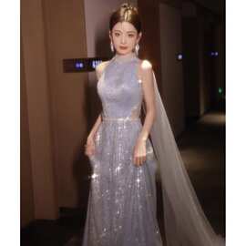 宴会晚礼服2026新款亮片艺考高级感长裙蓝色挂脖新娘回门宴敬酒服