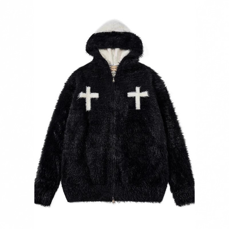 Heavyweight Cool Cross-Pattern Plush Hooded Sweater Jacket for Men and Women, Couple Wear, Autumn and Winter Trendy Brand Loose Knitwear