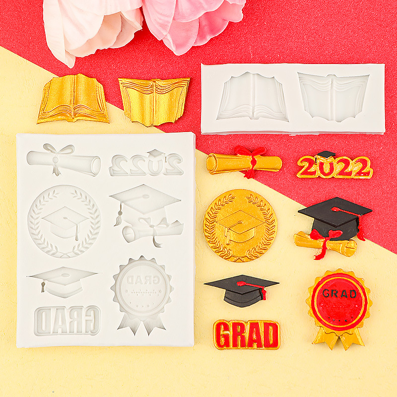 Temporada de graduación Molde de silicona Gorra de doctorado Medalla de medalla Molde de rollo de libro Decoración de pastel de bricolaje de chocolate con goteo