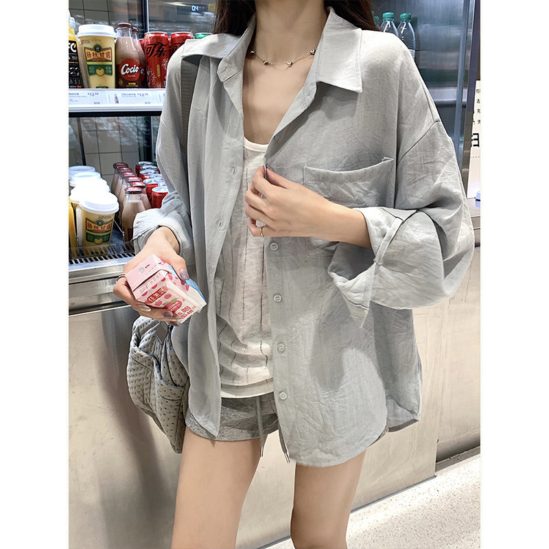 Summer lightweight relaxed linen cardigan long-sleeve top for women, old money style, sophisticated cotton-linen collared shirt jacket Summer lightweight relaxed linen cardigan long-sleeve top for women, old money style, sophisticated cotton-linen collared shirt jacket