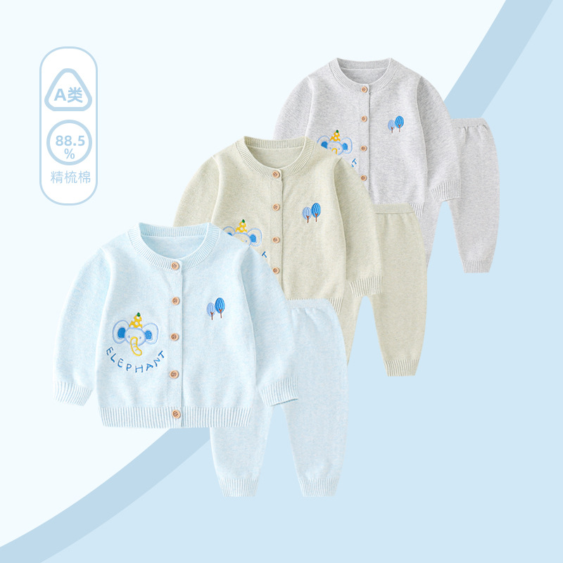 Set of Sweaters for Baby Boys, Knitted Clothes, Toddler Elephant-Themed A-Class Cardigan Jacket, Spring Two-Piece Set
