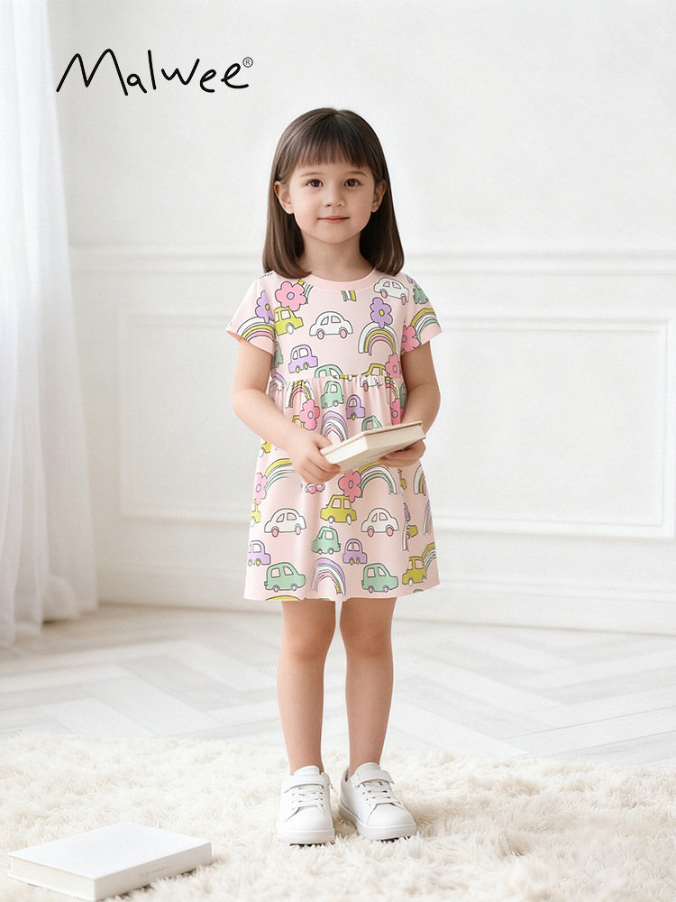 Malwee transfronterizo vestido de verano para niños nuevos niños europeos y estadounidenses cuello redondo mangas cortas vestido de princesa de chicas