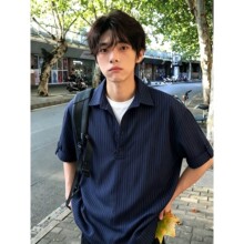藏青色假两件短袖衬衫男生夏季穿搭冰丝条纹t恤衬衣翻领情侣半袖