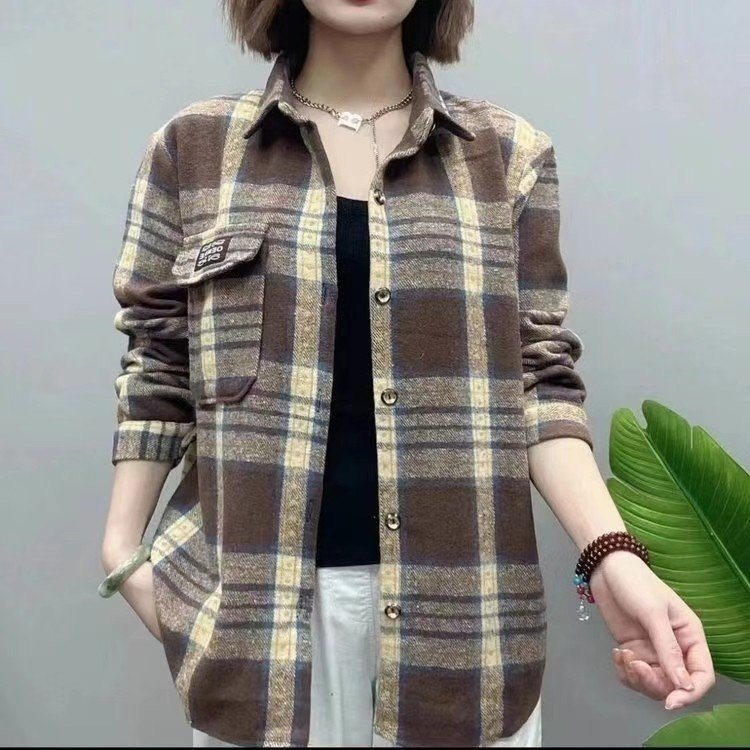春秋季新款厚毛呢格子衬衫女爆款中老年女士格子衬衫显瘦宽松外套