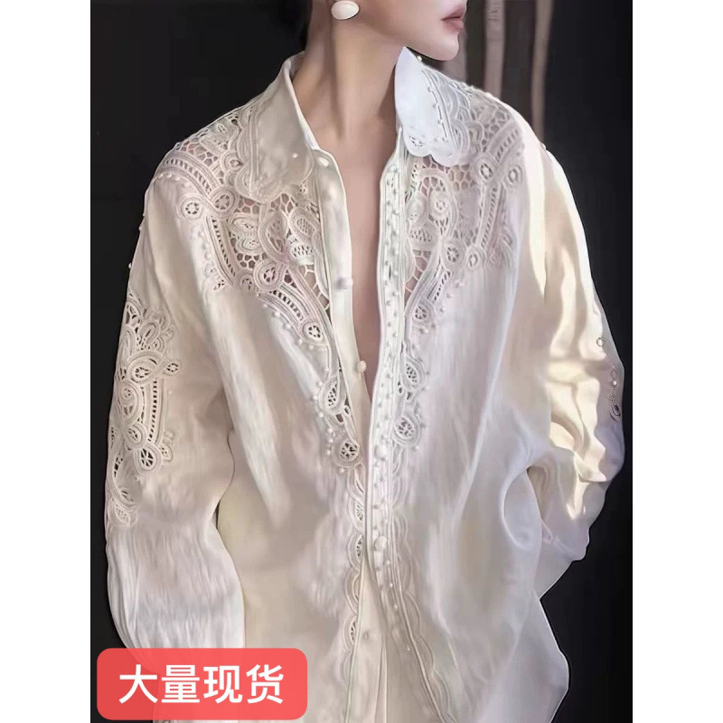 High-End Luxury Women's Designer Clothing, Elegant Hollow-Out White Shirt, New French-Style Heavy Embroidery Shirt for Spring and Summer