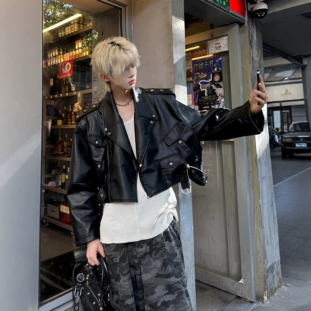 American retro short leather jacket for men, spring and autumn, trendy, cool, high-end motorcycle jacket, PU leather top