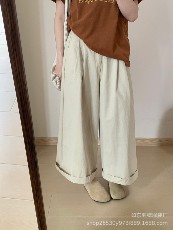 水洗纯棉阔腿裤子女2025秋季新款韩版松紧腰宽松休闲直筒长裤R40|undefined