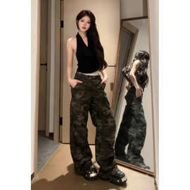 正确版小K迷彩工装裤2025早夏炸街甜酷辣妹宽松直筒垂感休闲裤子
