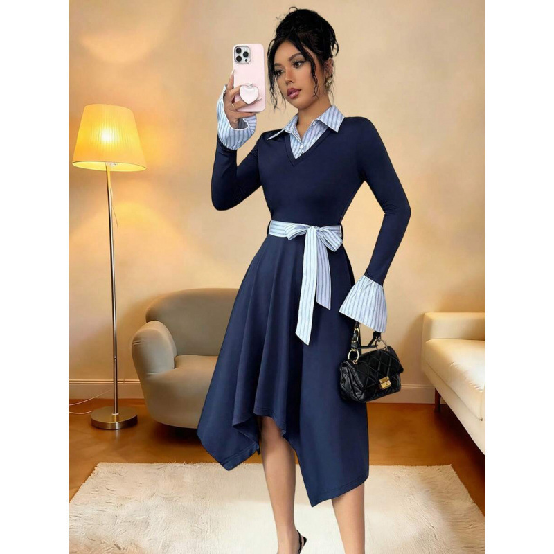 Cross-border Amazon European and American autumn retro turn-down collar casual asymmetrical long-sleeve fitted A-line midi dress for women