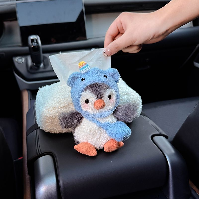 2025 nuevo lindo muñeca pingüino coche reposabrazos caja de toallas bolsa de toallas de almacenamiento de automóvil de alta calidad mujer