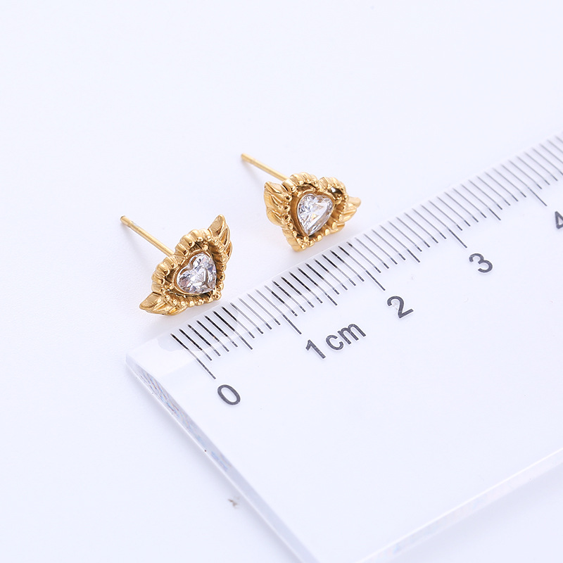 Fashion Heart Shape Wings Titanium Steel Earrings Inlaid Zircon Stainless Steel Earrings