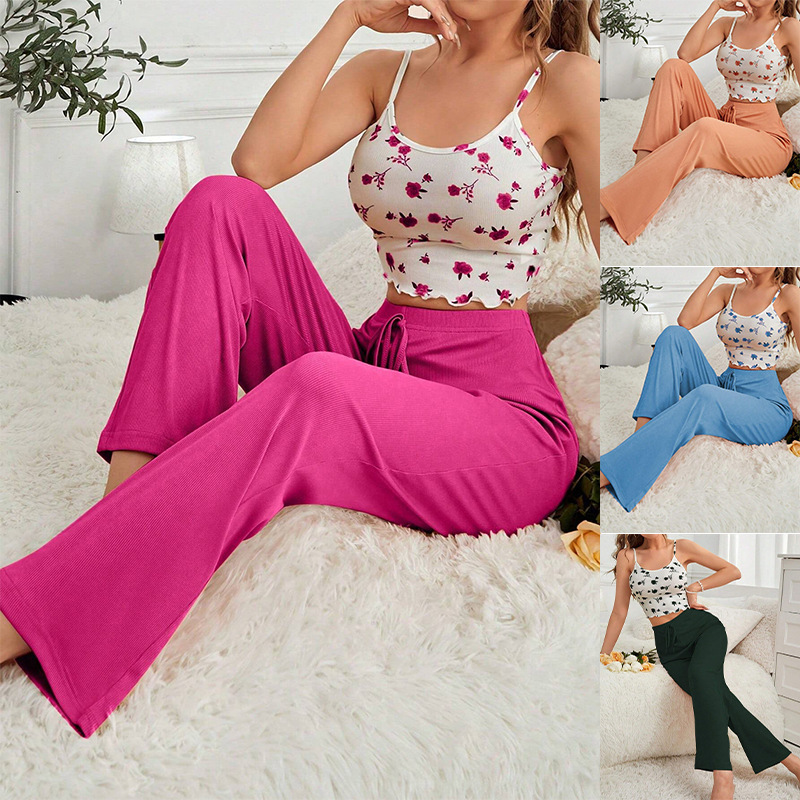 Cross-border New TEMU Cross-border Women's Home Clothes European and American Sling Wide Leg Pants Casual Comfortable Pajamas Women's Suit Cross-border New TEMU Cross-border Women's Home Clothes European and American Sling Wide Leg Pants Casual Comfortable Pajamas Women's Suit
