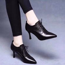 品牌真软皮2024春秋新款尖头细跟高跟深口软皮系带小皮鞋单鞋女潮