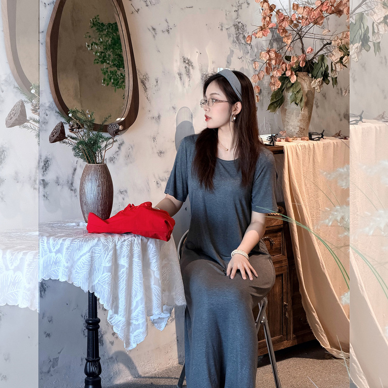 W1371 Xuan Chen Plus Size Korean Style Commuter Style Lightweight Long T-Shirt Dress Summer New Elastic Round Neck Dress for Women