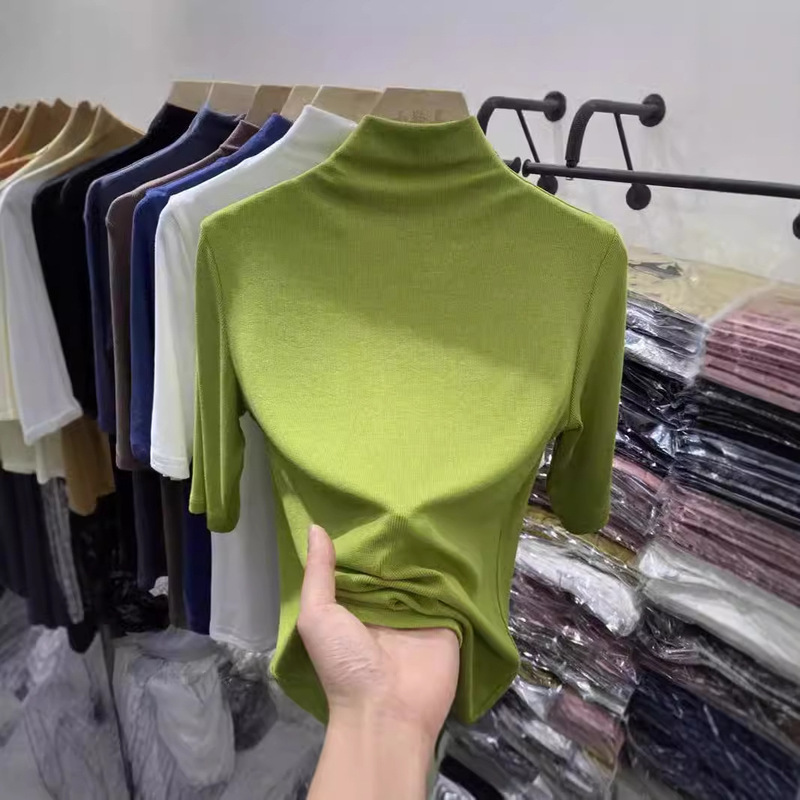 Base Shirt Women's Summer Interior Slim-fit Mid-sleeve Top Stylike 2025 New Light Mature Style Semi-high Collar Sweater