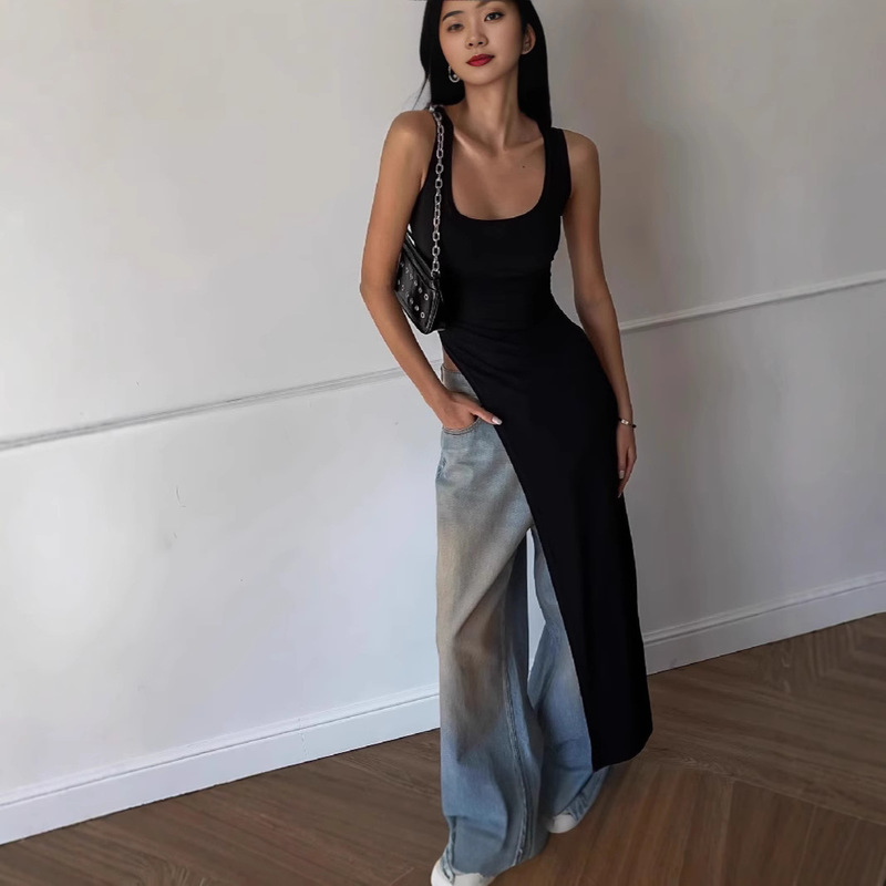 European and American Cross-Border Women's Fashion 2026 New Summer Style Unique Irregular Extended U-Neck High-Slit Solid Color T-Shirt Tank Top European and American Cross-Border Women's Fashion 2026 New Summer Style Unique Irregular Extended U-Neck High-Slit Solid Color T-Shirt Tank Top