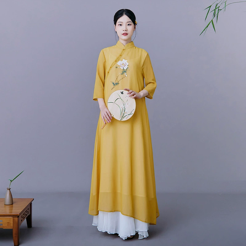 Один из поколения в поколение летних ретро-китайских костюмов 2021 улучшенных китайских стилей дзен-чайных костюмов длинная юбка с принтом шифоновое платье