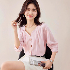 哥家商场同款女装2025秋季粉色法式衬衫女时尚设计感七分袖衬衬衣