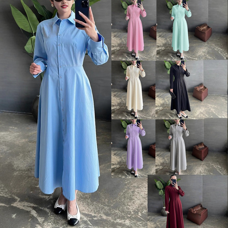 Women's Simple Lapel Solid Color Blue Long Skirt Casual Elegant White Slimming Straight Long-Sleeved Shirt Dress Women's Simple Lapel Solid Color Blue Long Skirt Casual Elegant White Slimming Straight Long-Sleeved Shirt Dress