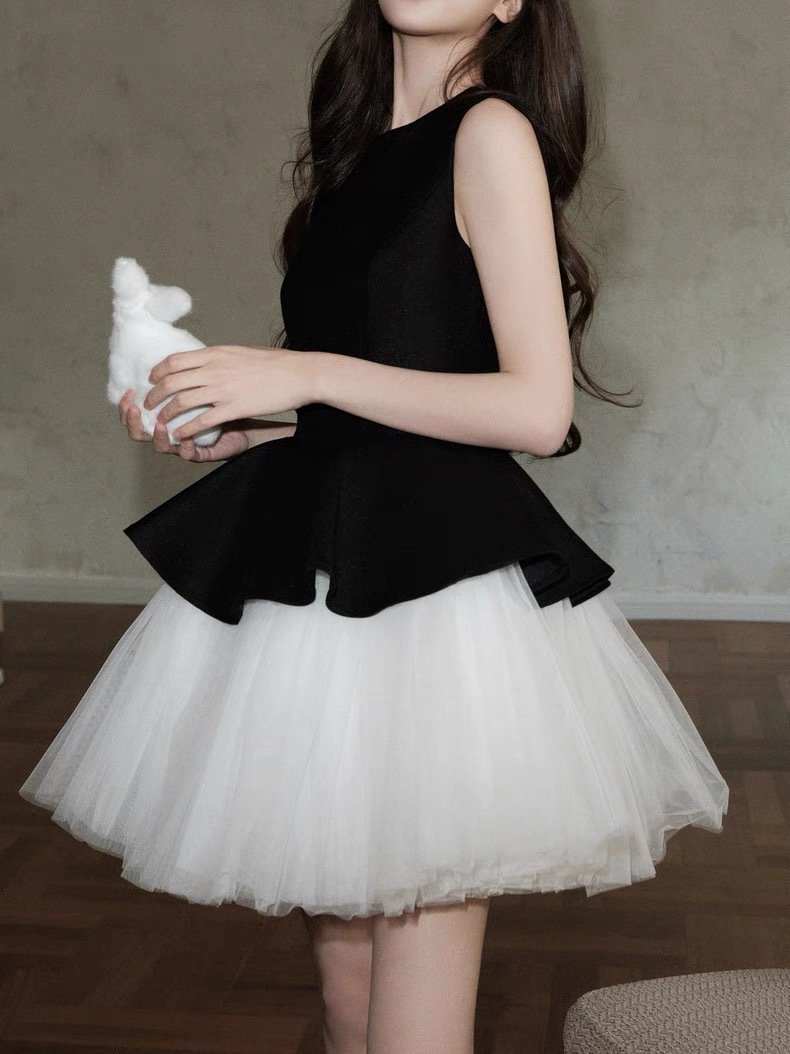 avenement/バレエ風ノースリーブラウンドネックパッチワークメッシュチュチュスカートドレスレディース夏
