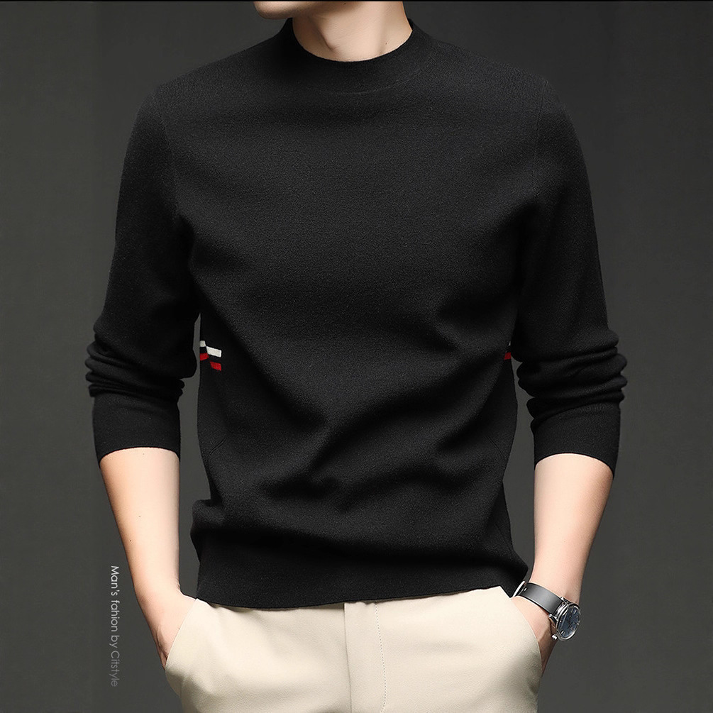 Otoño y invierno chaqueta de hombre de punto de color sólido de manga larga de cuello medio alto suéter casual camiseta base con suéter cálido