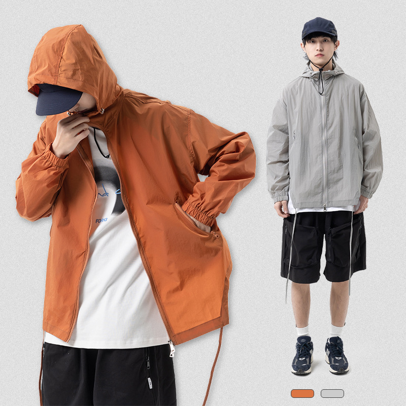 Summer Solid Color Zipper Pocket Hooded Sun Protection Clothing For Men,Japanesey Outdoor50+Sun Protection Clothing,Skin Clothing