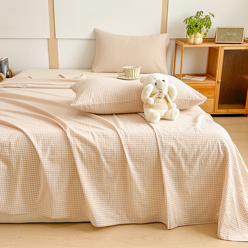 Sábana de algodón lavado de algodón de una sola pieza de algodón 100 dormitorio de estudiantes edredón de celosía individual funda de almohada de tres piezas 3