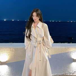 春季新款感白色风衣外套女中长款气质收腰垂感英伦休闲大衣