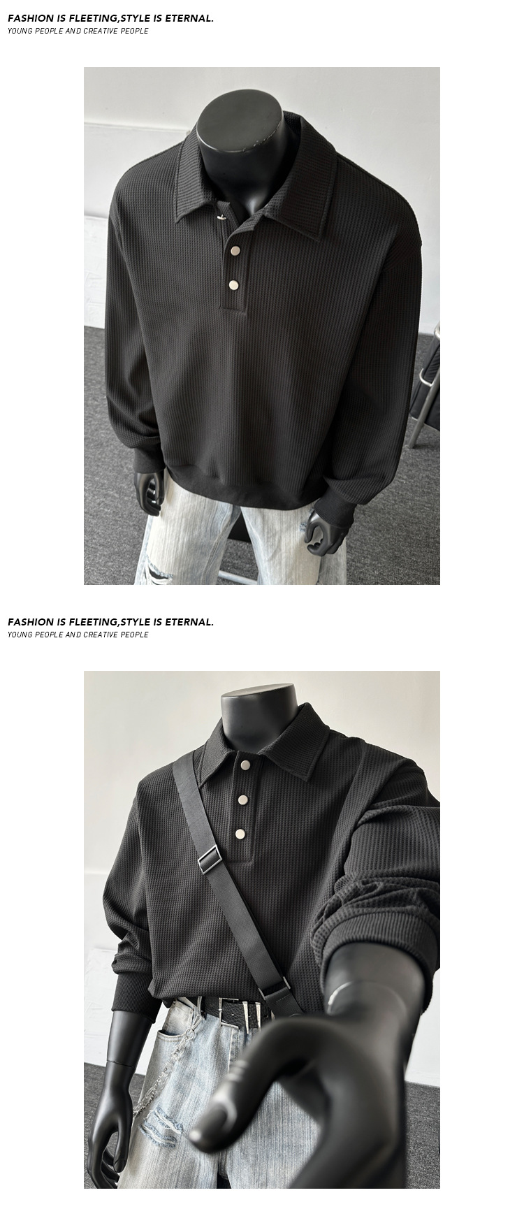 American-style Trendy Solid Color Waffle Knit Old Money Style 2026 Spring New Polo Collar Long-sleeve Sweatshirt, Unisex_voghion.com