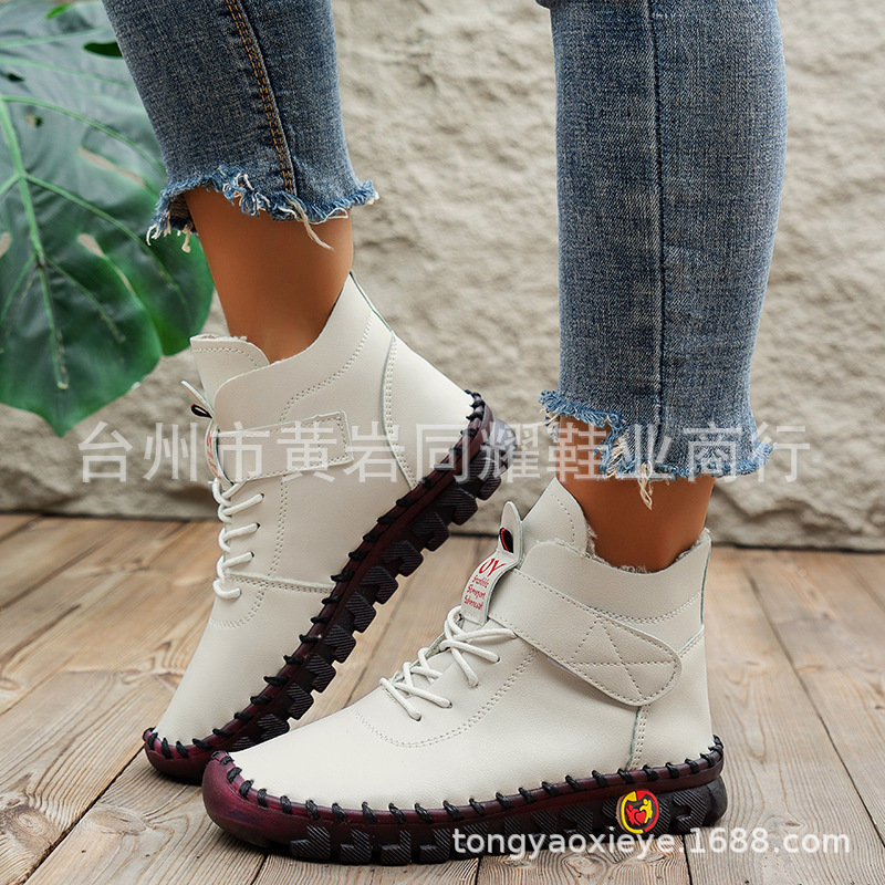 2023TEMU Cross-border New Winter Large Size Export Women's Shoes Lace-up Velcro Plush Warm Lining Short Boots for Women