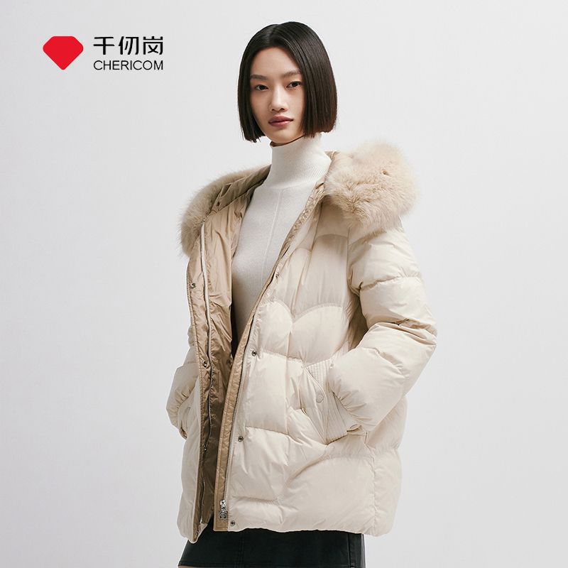 千仞岗冬季女士中长款大毛领甜美加厚反季羽绒服Y289210A活力红