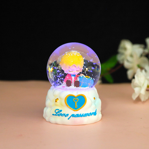 Cartoon Couple Glowing Snowflake Crystal Ball Music Box Creative Home Decor Gift for Boyfriend and Girlfriend, Birthday Present for Students