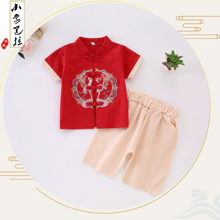 Детский костюм в этническом стиле Ханьфу из хлопка и льна с короткими рукавами, традиционная китайская одежда для малышей, детский костюм в китайском стиле Тан, костюм для выступлений в древнем стиле
