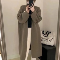 秋のミドル丈セータージャケット レディース デザイン レイジー スタイル 膝上 ルーズ ニット カーディガン コート