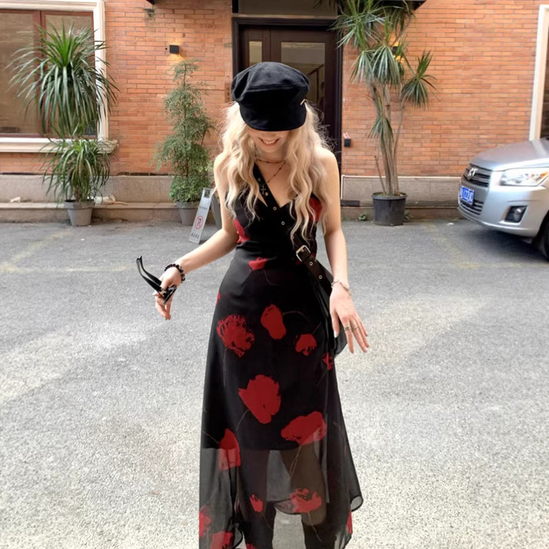 Plus-Size Tall Women's Elegant High-End Lined Long Slimming Red Floral Spaghetti Strap Dress Summer High-End Long Dress