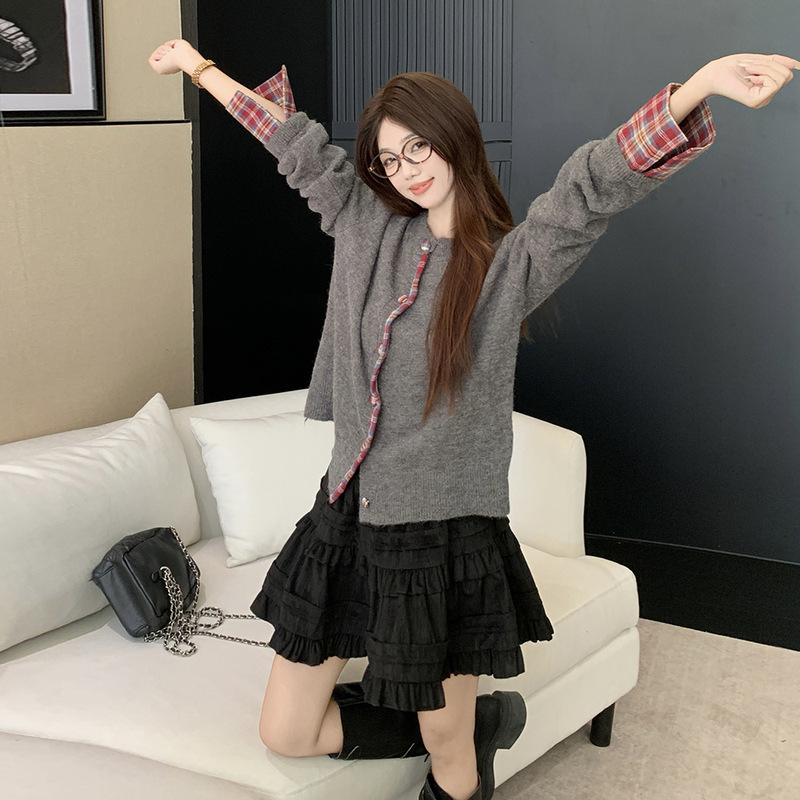 大码韩版气质套装女秋季假两件针织开衫胖MM显瘦高腰短裙子两件套|undefined