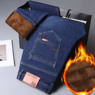 Демисезонные утепленные джинсы с начесом, прямые свободные джинсы, эластичные штаны