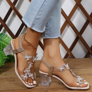 Cross-Border Sandals for Women Square Toe Elastic Band Butterfly Flower Sandals for Women Foreign Trade New Large Size Crystal Heel Set Sexy