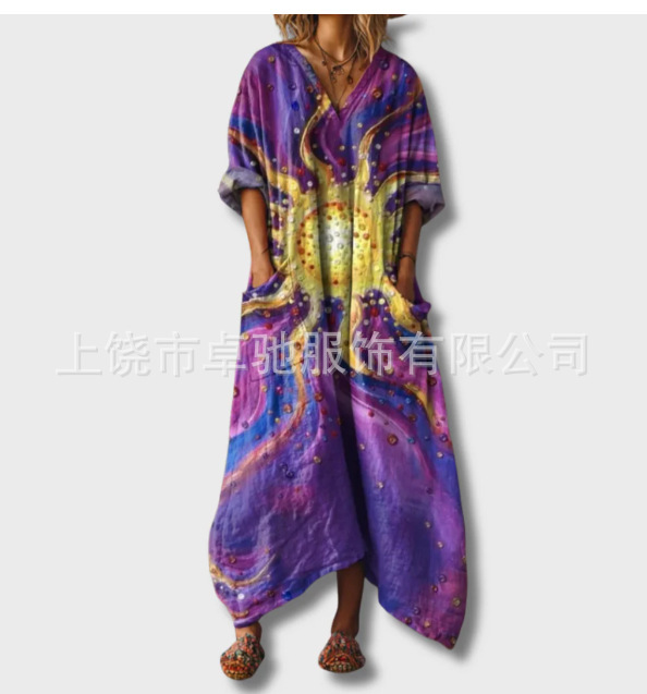 2025新款独立站女式复古花卉艺术图案印花口袋V领口袋连衣裙|undefined