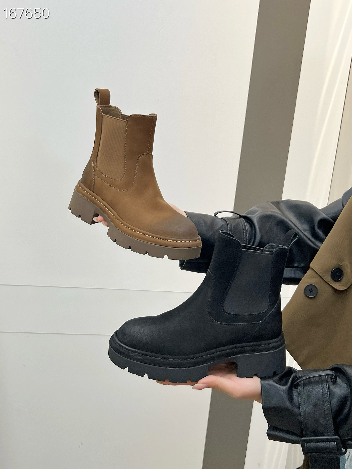 Boot nữ da bò cổ thấp đế xuồng dày khóa kéo bên — Màu đen, Màu Kaki chi tiết 6