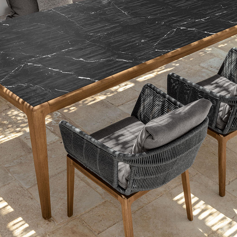 Mesa de comedor y silla de madera de teca al aire libre combinación villa muebles de jardín B & B patio al aire libre silla de ratán de estilo de ocio nórdico