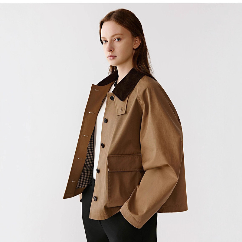 Ic Xiaohuo Khaki Trench Coat for Women 2026 Spring New High-Density Twill Cotton Jacket Barn-Style Color-Blocking Short Coat