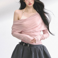 糯糯轻语%假两件韩系甜美露肩T恤女夏季长袖显瘦粉色上衣
