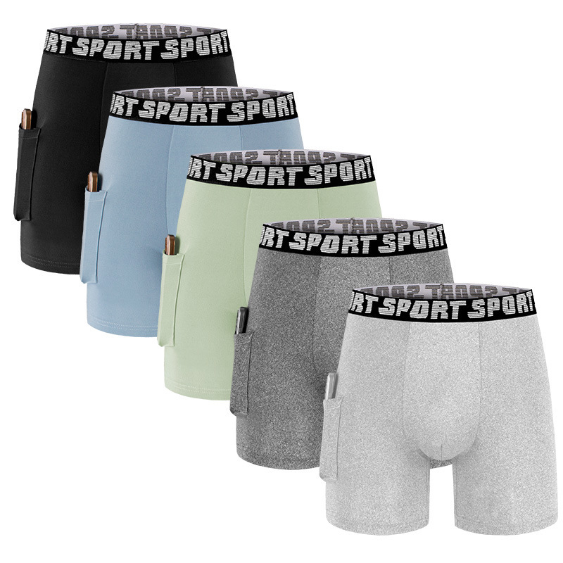 European and American Cross-Border Men's Solid Color Boxer Briefs with Pockets, Fashionable and Suitable for Fitness and Sports Men's Underwear